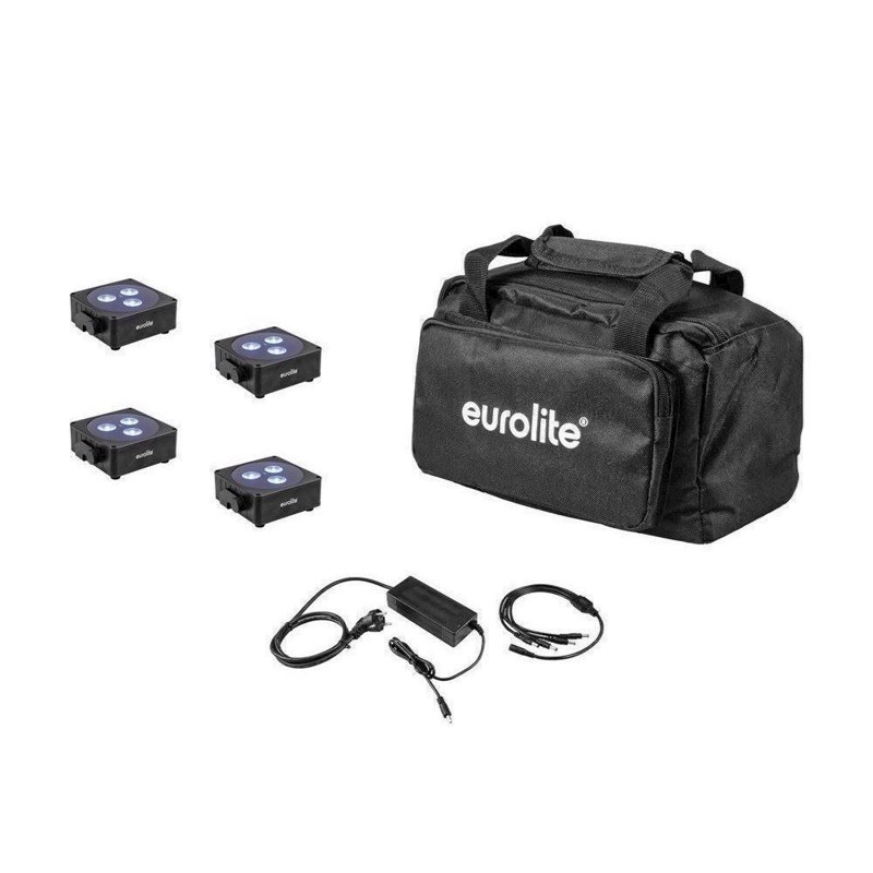 Eurolite sæt: 4 x AKKU Flat Light 3 bk + Charger + Soft-Bag