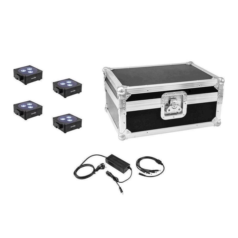 Eurolite sæt: 4 x AKKU Flat Light 3 bk + Charger + Case