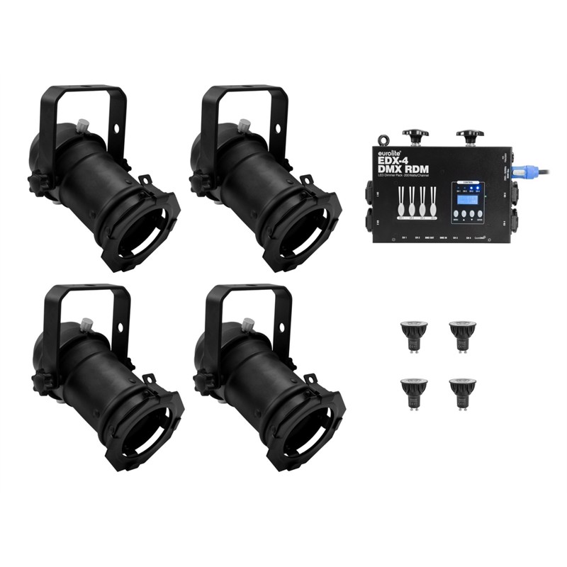 Eurolite sæt: 4 x PAR-16 Spot bk dim2warm + EDX-4 DMX RDM LED Dimmer pack