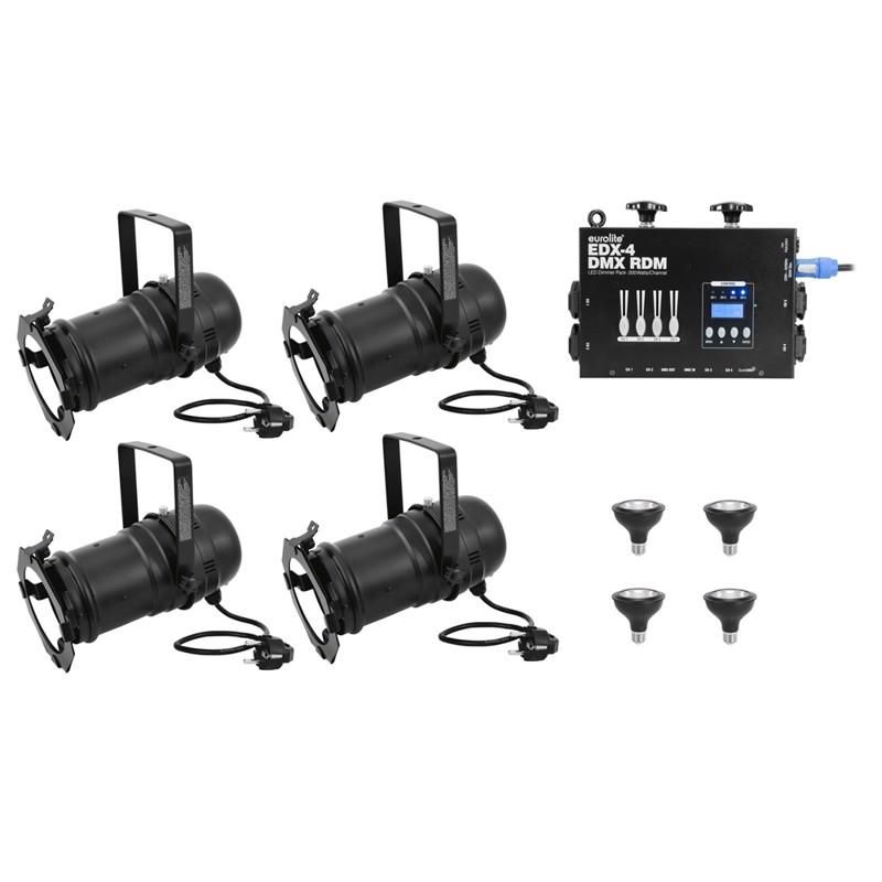 Eurolite sæt: 4 x PAR-30 Spot sw dim2warm + EDX-4 DMX RDM LED Dimmer pack