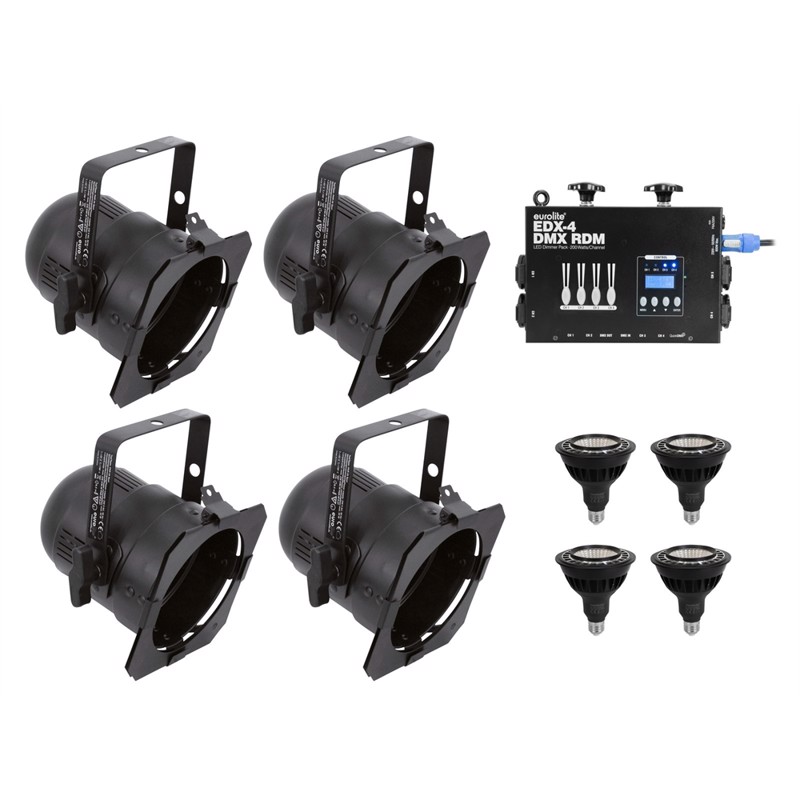 Eurolite sæt: 4 x PAR-38 Spot bk dim2warm + EDX-4 DMX RDM LED Dimmer pack