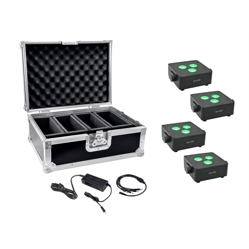 Eurolite sæt: 4 x AKKU IP Flat Light 3 bk + Charger + Case