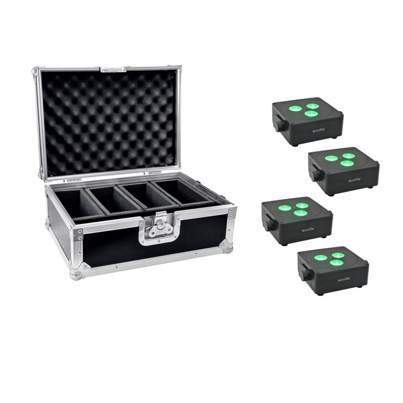 Eurolite sæt: 4 x AKKU IP Flat Light 3 bk + Case