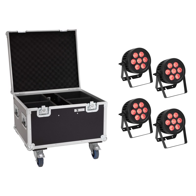 Eurolite sæt: 4 x LED IP PAR 7x8W QCL Spot + Case with wheels
