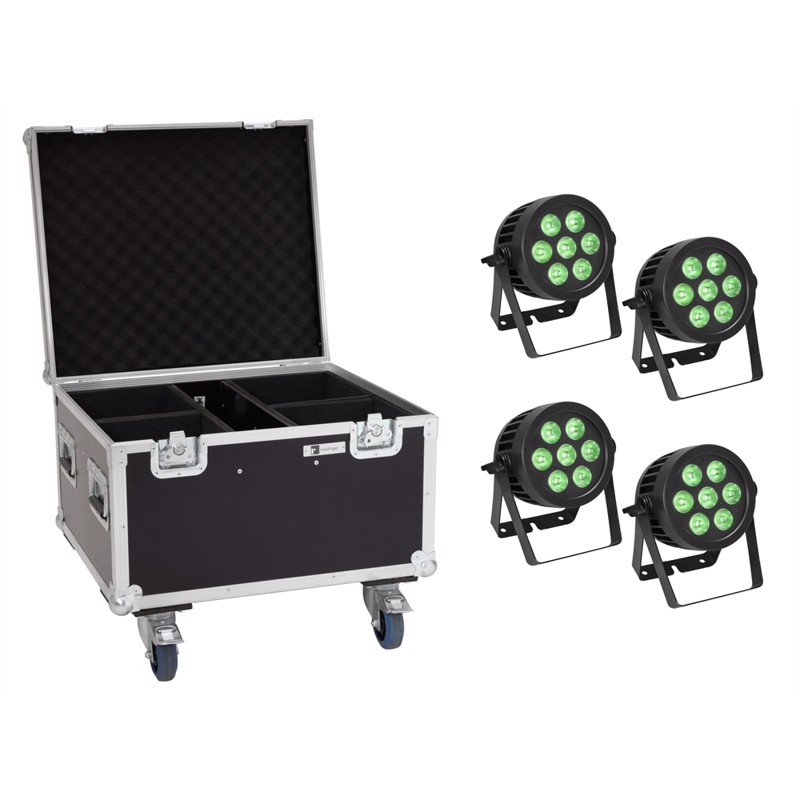 Eurolite sæt: 4 x LED IP PAR 7x9W SCL Spot + Case with wheels