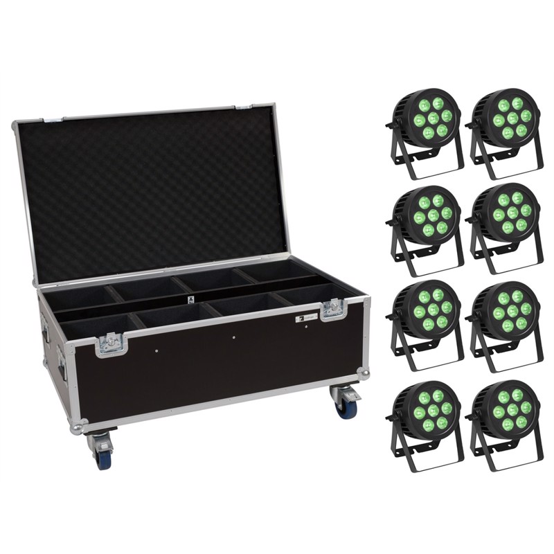 Eurolite sæt: 8x LED IP PAR 7x8W QCL Spot + Case with wheels