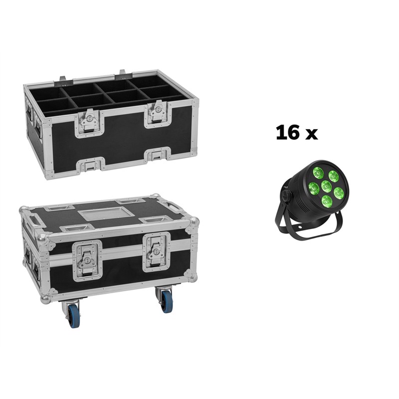 Eurolite sæt: 16x LED Silent Par 6 x 8 Watt RGB/WW spot + Flightcase