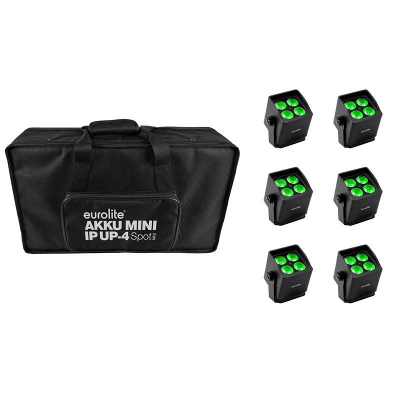 Eurolite sæt: 6x AKKU Mini IP UP-4 QCL Spot MK2 + Soft Bag