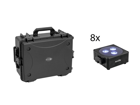 EUROLITE Sæt med 8x AKKU Flat Light 3 bk + Plastkuffert med trolley