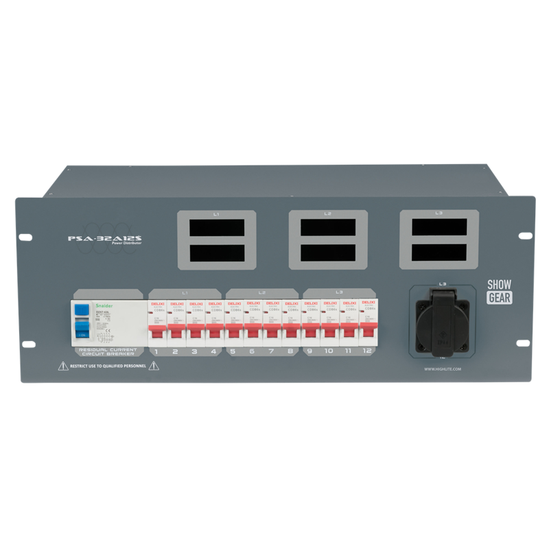 Strømboks 32A til 12 x schuko udgang med Volt og Amp meter