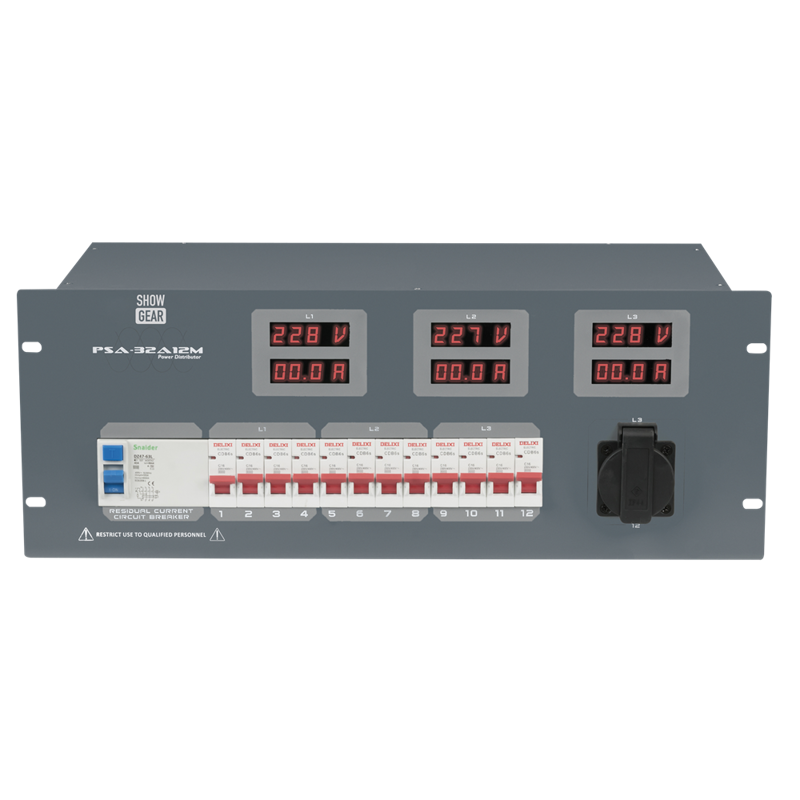 Strømboks 32A til 2 x 6ch Harting og 6 x Schuko med Volt & Amp