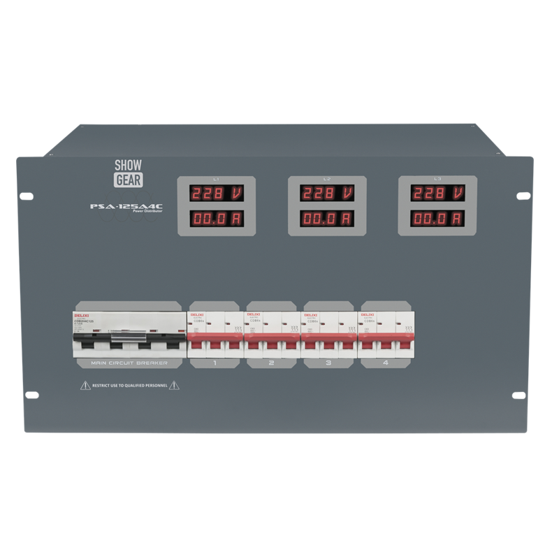 Strømboks 19" 6U 125 A til 4 x 63 A CEE out med volt & amp meter