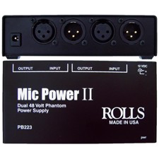 Rolls PB223 - • Giver absolut ren DC phantom power til kondensatormikrofoner • +12 eller +48V • Patenteret højfrekvent strømforsyning eliminerer al støj • Kan køre med Rolls PS27E strømforsyning (PB22