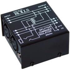Rolls MS20c - Splitbox, som deler et XLR til to(dog ledes der kun phantom power til en af udgangene) eller sammenlægger 2 XLR til en.